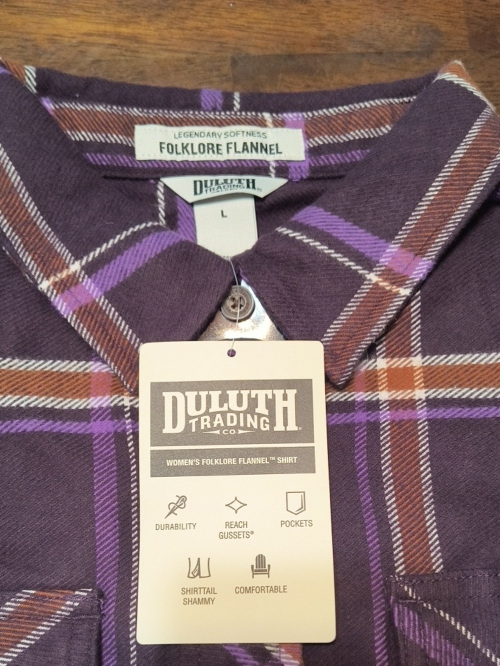 NWT Duluth Trading Co Purple and Orange Plaid Folklore Flannel Shirt